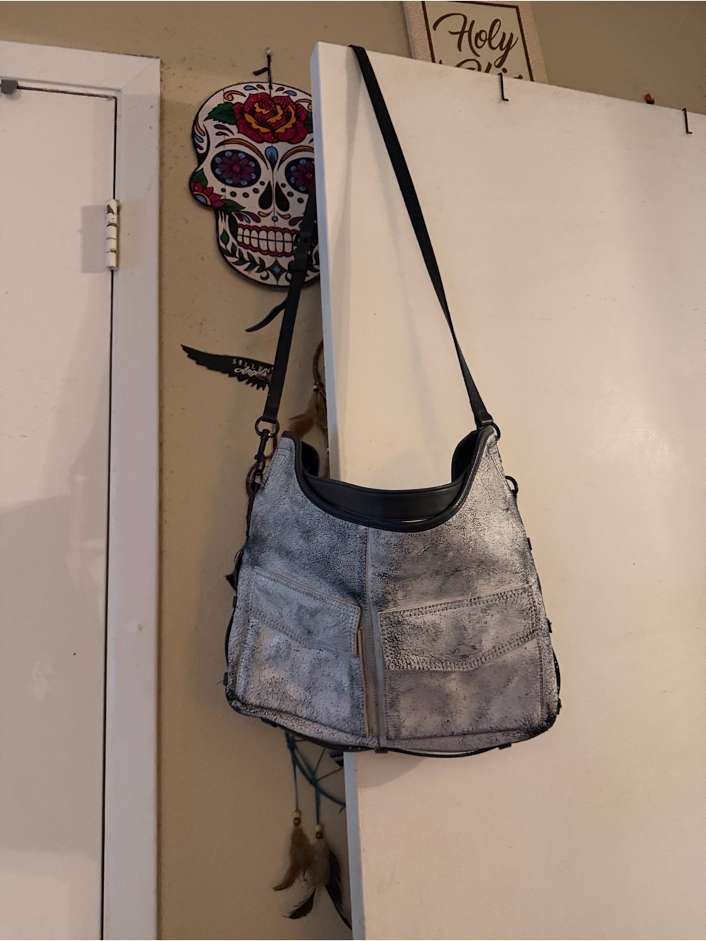 GX by Gwen Stefani Silver Metallic Shoulder Hobo Bag with Black Trim